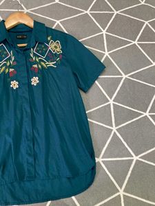 Embroidered Teal Button-Down Shirt