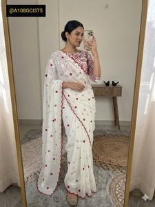 Polka dotted White Saree