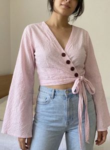 Blue Wrap Top with Tie Detail