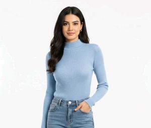 Light Blue Ribbed Mock Neck Top