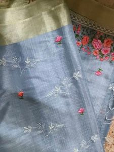 Beautifully Embroidered Grey Saree only no blouse