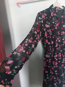 Floral Printed Full Sleeve Buttoned A Line Dress.