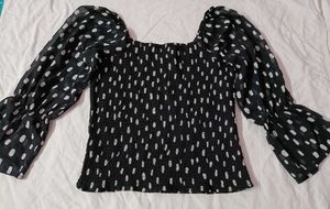 Stylish Black Smocked Polka Dot Top