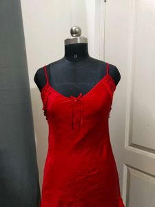 Silky Red Nightgown with Lace Trim