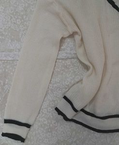 Cream V-Neck Sweater with Black Trim