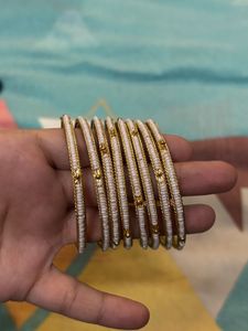 Elegant White & Gold Beaded Bangles ✨