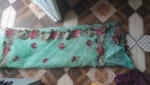 Beautiful mint green net  embroidered saree