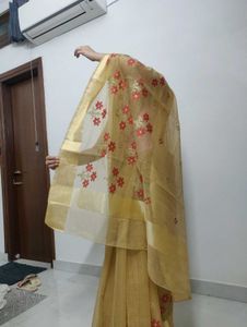 Embroidered Tan Saree with Red 🌹✨