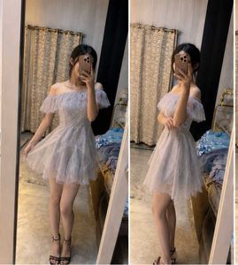 🩶Elegant grey tulle Ruffled Dress short gown