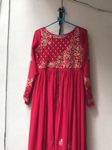 Rani Color Anarkali Kurti With Pant And Dupatta