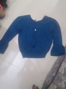 Blue Casual Long Sleeve Top(hip stretchable)