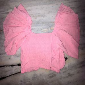Pink Ruffle Sleeve Crop Top