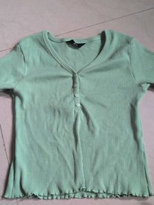 Ribbed V-Neck Button-Up Top