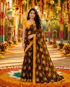 Elegant Black &amp; Yellow Floral Saree