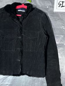 Black Corduroy Jacket with Fur Trim