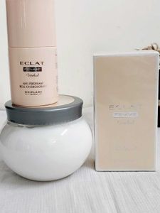 Eclate Femme Perfume, Roll On, Body Cream set comb
