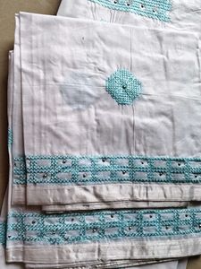 White Dress Material with Blue Embroidery