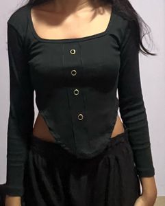 Black Square Neck Ribbed Button-Up Top