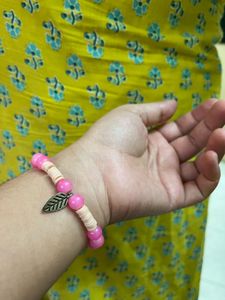 Charming Pink Beaded Bracelet with Leaf Charm