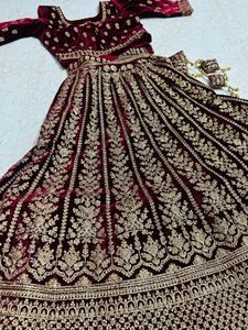 Maroon Velvet Lehenga-2 Dupattas