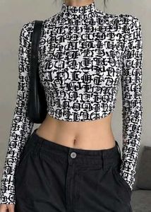 Y2K Graphic Print Turtleneck Crop Top