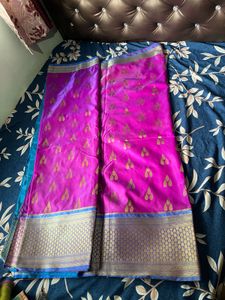 Vibrant Rani Pink Saree with sky blue blouse