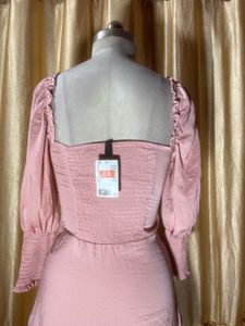 Pink Smocked Sleeve Sweetheart Neck Dress