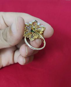 New Gold-plated Emerald &amp; Zircon Adjustable Ring
