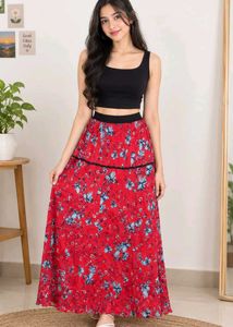 Bohemian Red Floral Maxi long Skirt