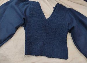 Navy Blue Smocked Puff Sleeve Crop Top