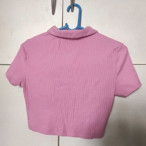 Pink Ribbed Cropped Polo Shirt