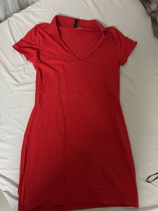 V-Neck Red Casual Dress
