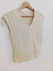 Cream V-Neck Embellished Top