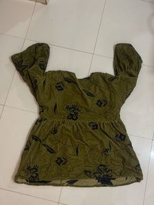 Olive Green Floral Velvet Top