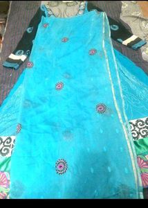 Beautiful Blue Saree with Pink &amp; Black Border