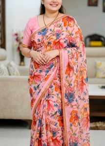 Beautiful Floral Pink Saree with unstitched blouse