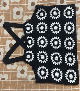 Crocheted Black & White Floral Top