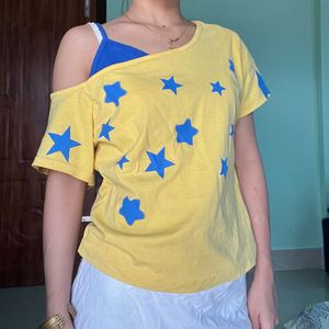 Yellow Star Print Cold Shoulder Top