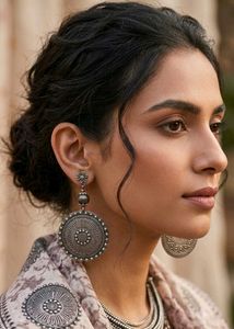 Silver Oxidised Round Earrings Set (Pack of 2)