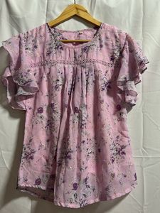 Chic Pink Floral Ruffle Sleeve Top