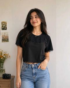 Chic Black Lace Trim Crop Top