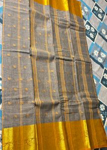 Grey Cotton Tant Saree with Golden Border