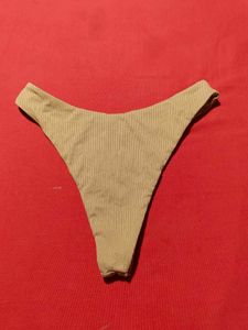 Beige Ribbed High-Cut Thong – Size S