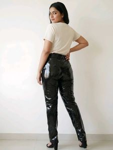 Shiny Black Split Hem Pants Size L