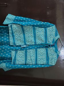 Ferozi blue jacketed kurta with beautiful print