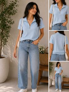 Baby Blue Ribbed Half-Zip Top | Soft Stretch