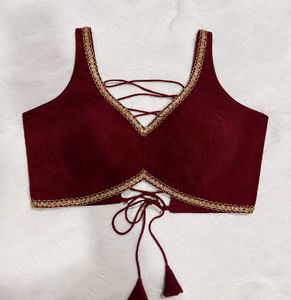 Maroon Lace-Up Blouse with Gold Trim