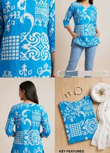 Blue & White Printed Cotton Kurta