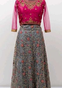 Elegant Pink Grey  Embroidered Lehenga Choli