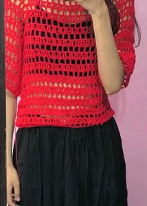 Red Crochet Knit Top